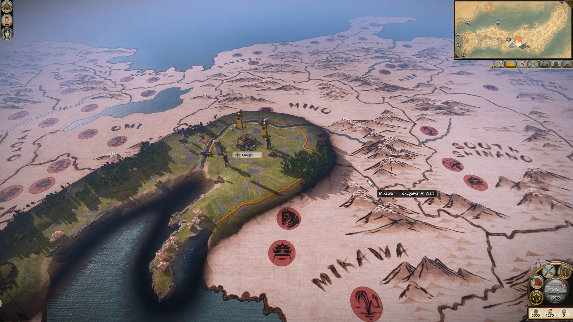 Steam screenshot of the campaign map centered on Owari, with neighboring provinces Omi, Mino, Mikawa, and South Shinano, and a Tokugawa army marked at war.