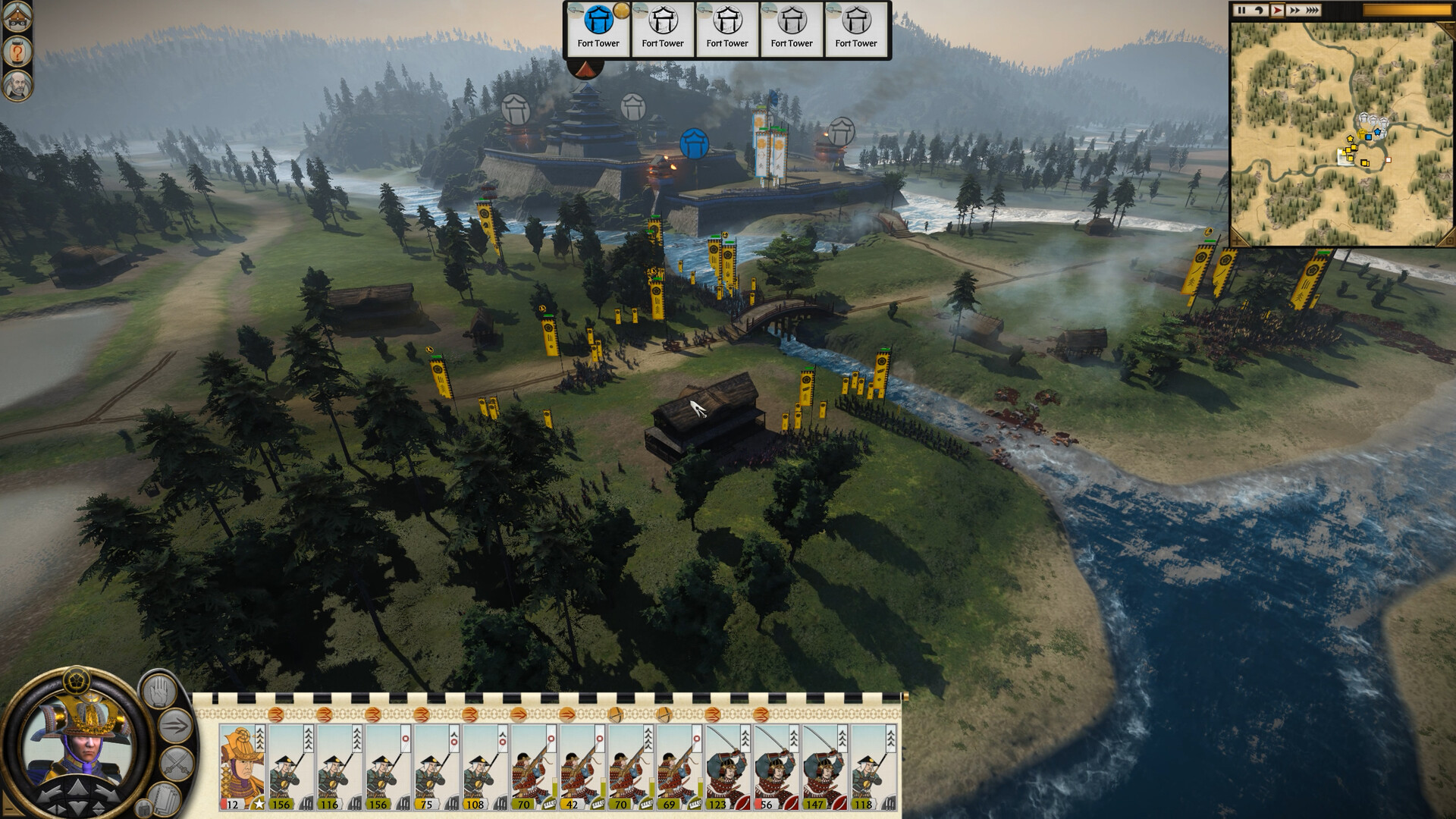 Steam screenshot of a multi-tier Japanese castle across a river, with ashigaru banners in the foreground and fort-tower labels along the top of the screen.