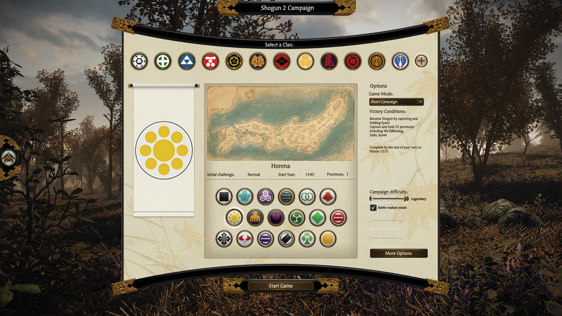 Steam screenshot of the Shogun 2 campaign clan select with Honma chosen, start year 1545, and a short-campaign victory card.