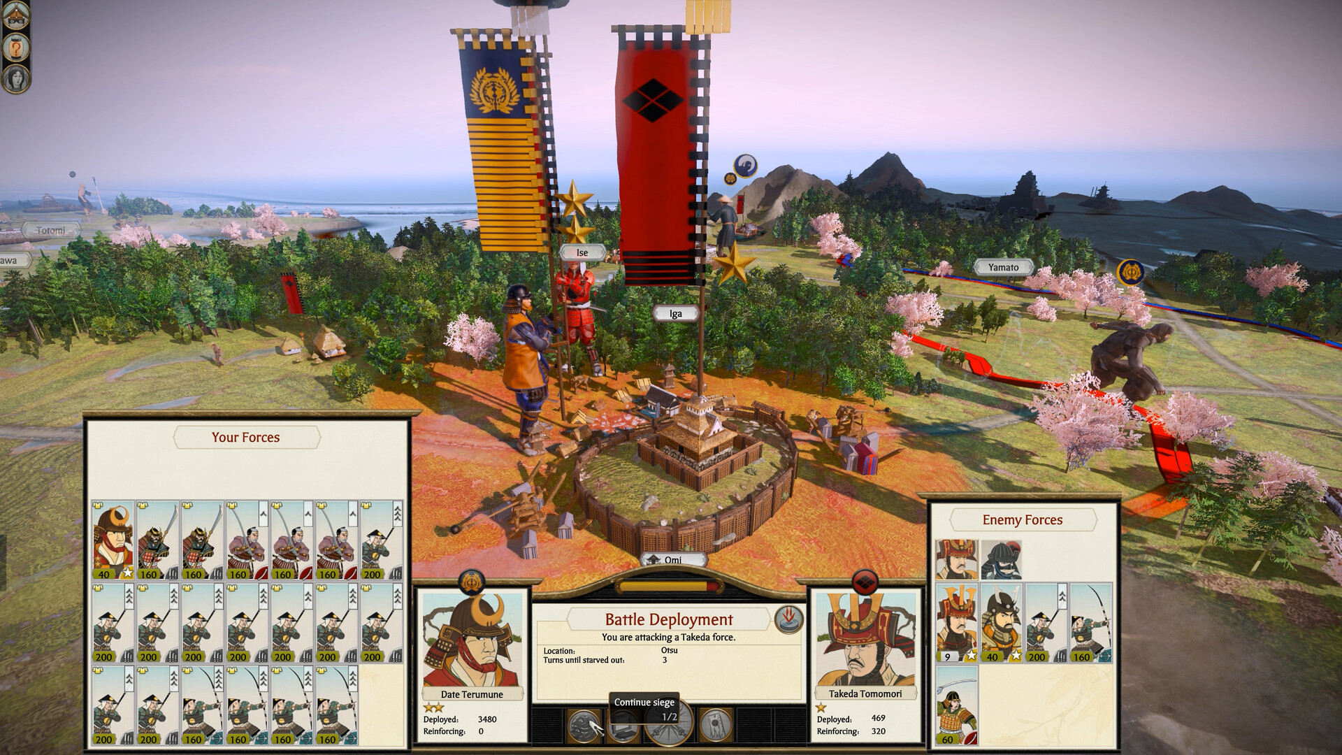 Steam screenshot of a siege deployment in Omi, with Date Terumune’s larger force opposite a smaller Takeda army and a starvation timer of three turns.