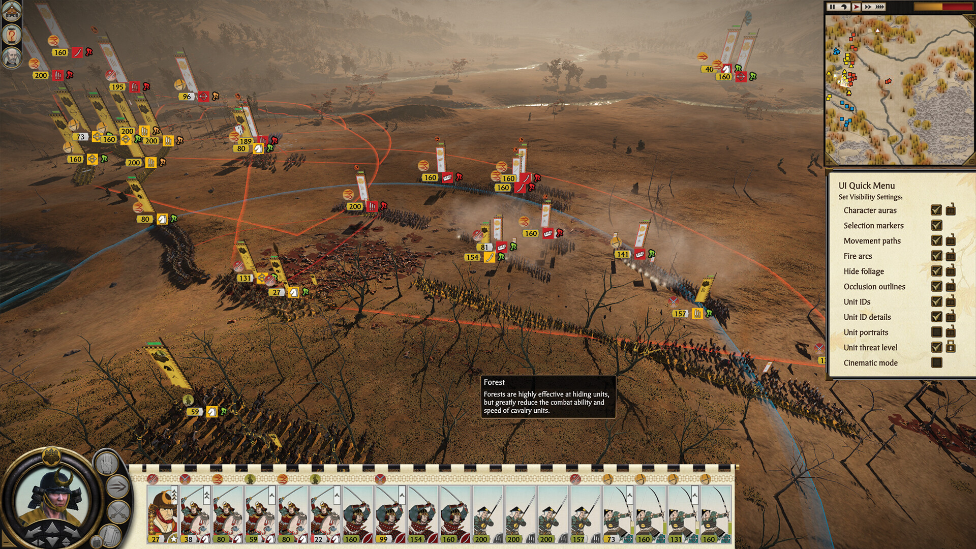 Steam screenshot of two large formations fighting across a bare forest, with a visibility menu open and a tooltip about forests and cavalry.